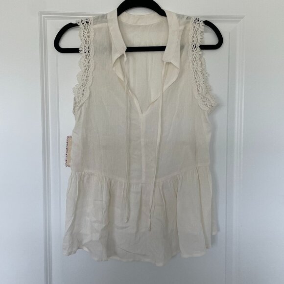 Love on the Hanger Tops - Love on a Hanger Boho Ivory Lace Trim Sleeveless Top – Tie Neck, Size M